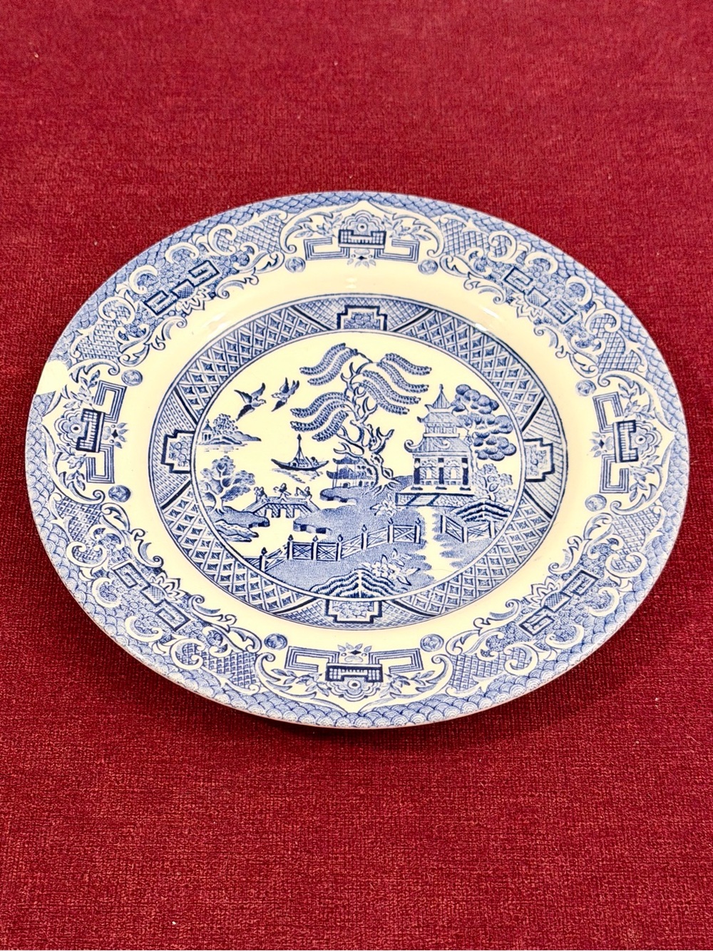 Blue and White Willow-Style Decorative Porcelain Plate Small Chip. 7”